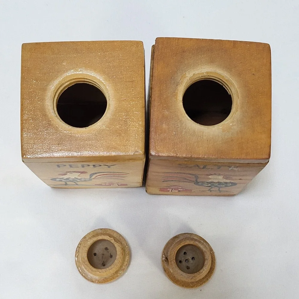 Vintage Japan Salty Peppy Wood Rooster Salt Pepper Shakers MCM Kitsch 5.5in